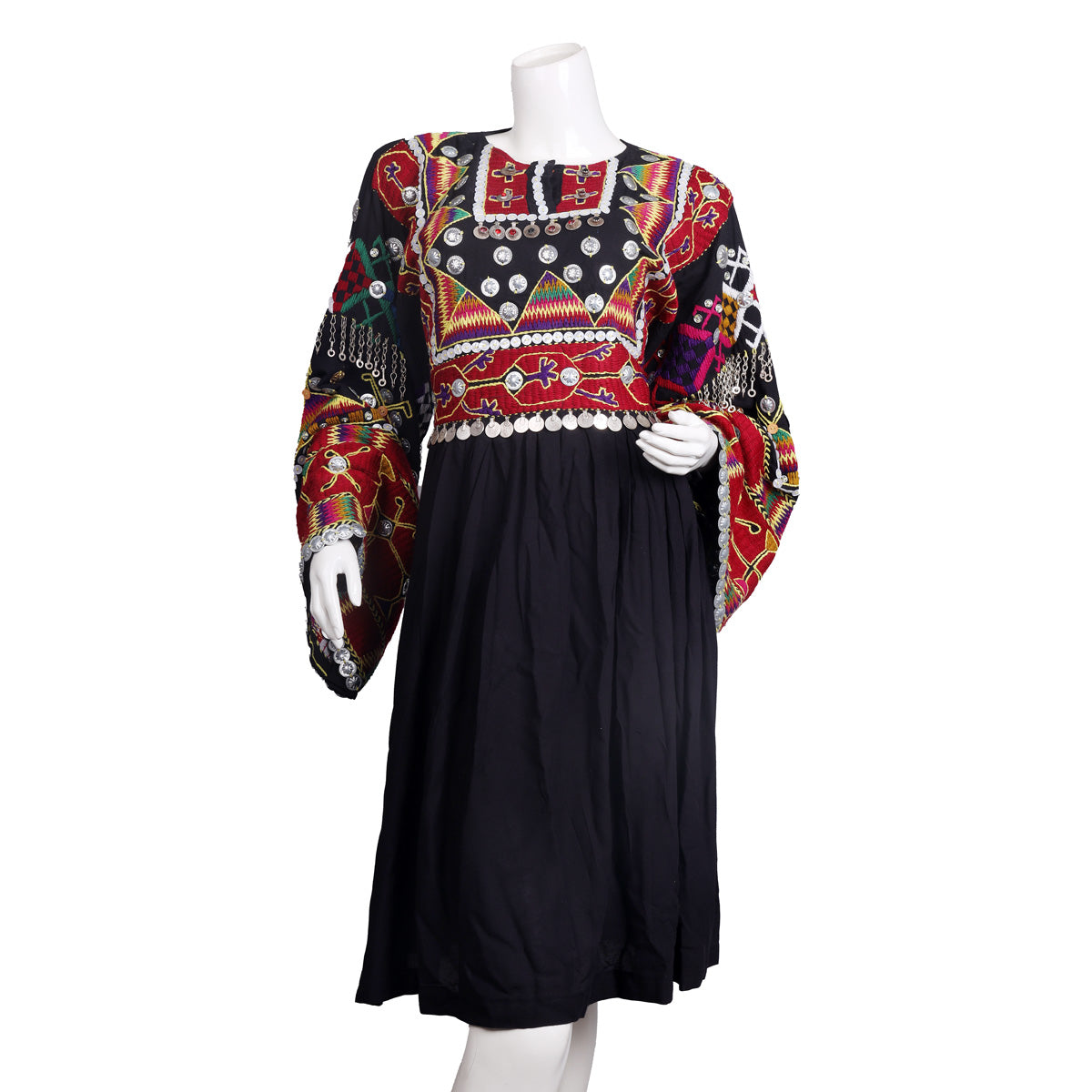 Embroidered Nuristani Dress in Black with Coins and Beads Nk-072